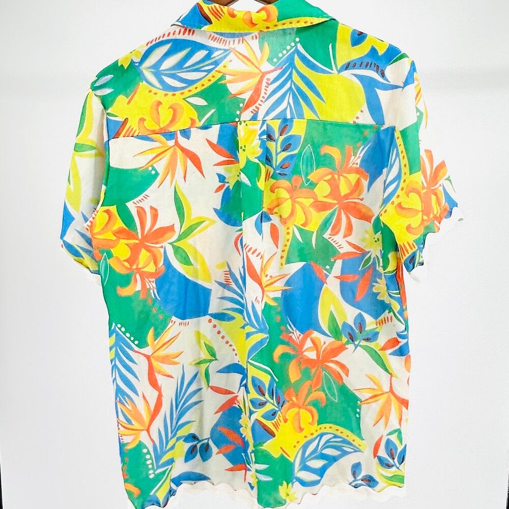 Vintage 70s Handmade Multicolor 100% Cotton Tropical Ric Rac Button Down Shirt - Picture 6 of 8